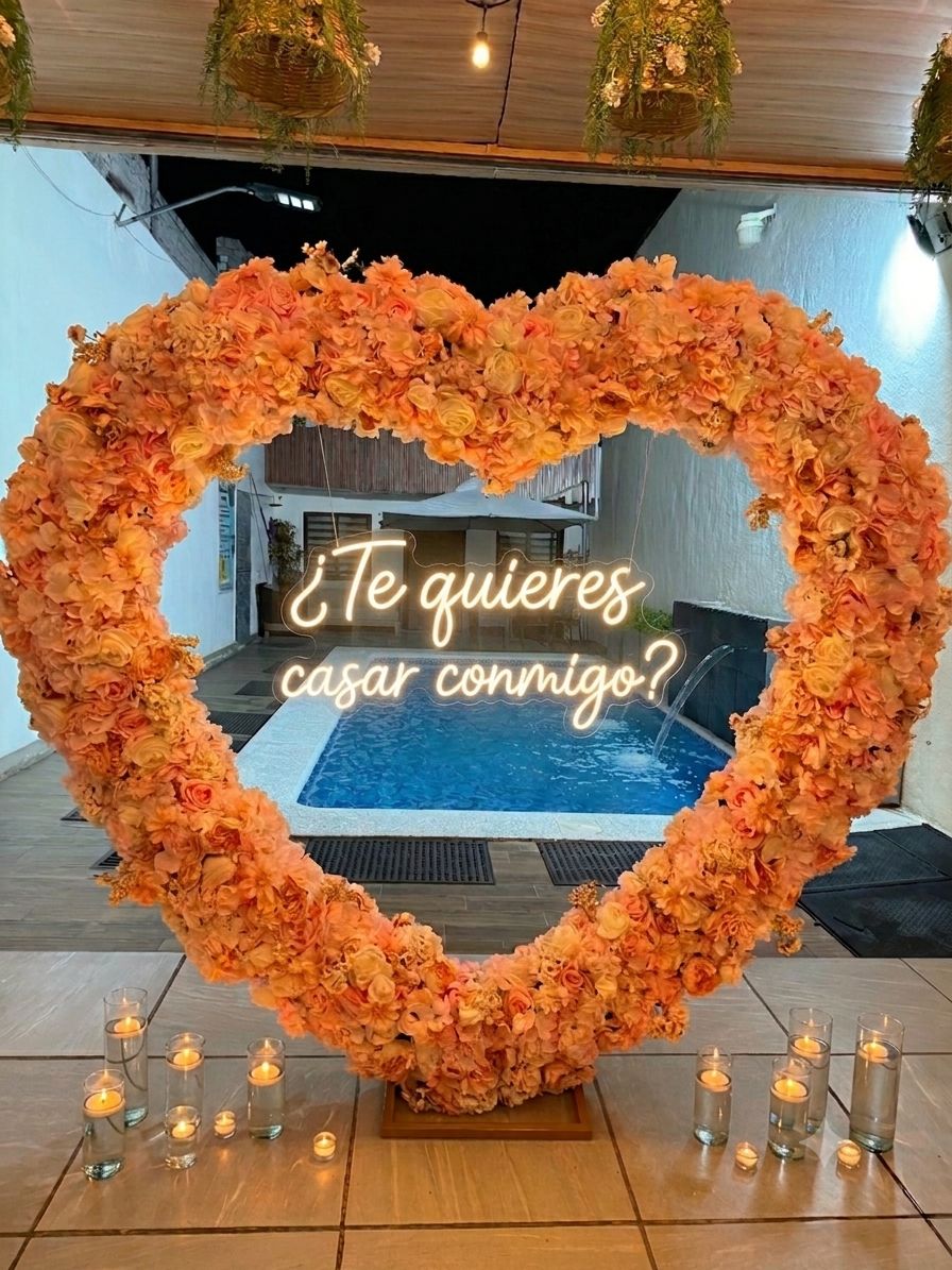Corazón de flores con el letrero de neón «¿Te quieres casar conmigo?» encendido, frente a la alberca iluminada de Terraza Plutarco, en Guadalajara