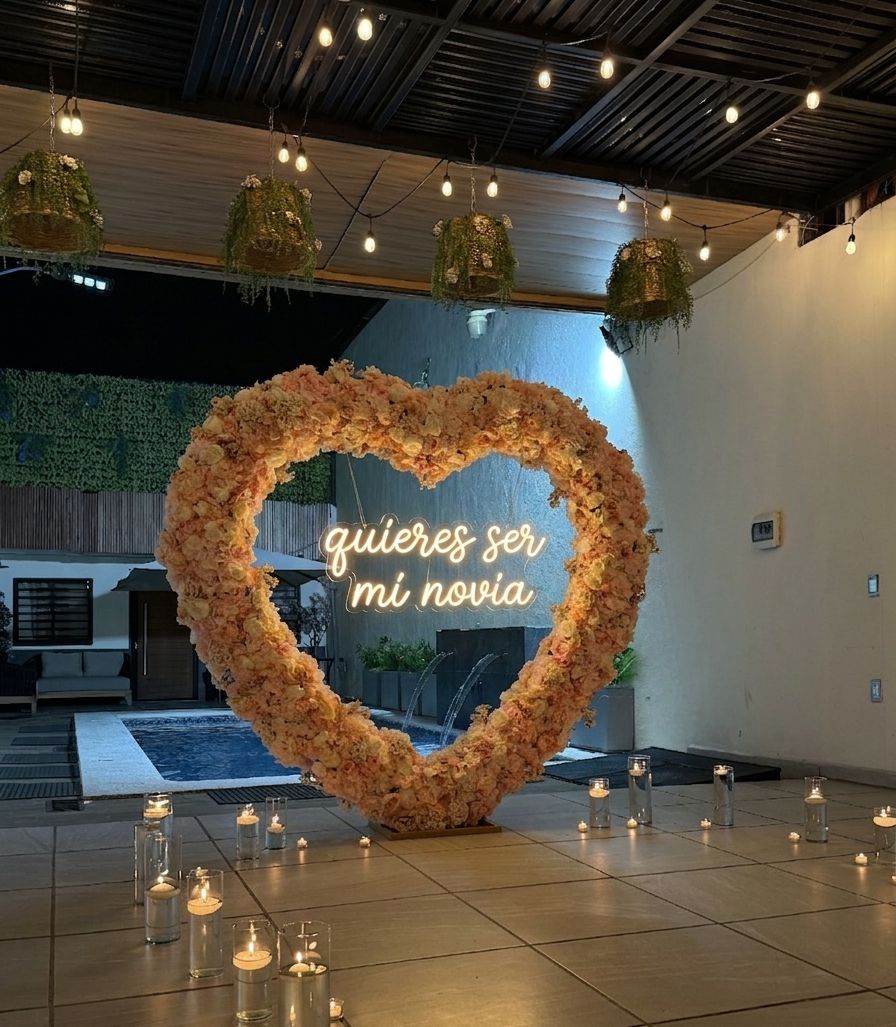 El corazón de flores con el letrero de neón encendido que dice quieres ser mi novia, frente a la alberca