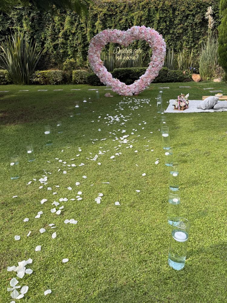 El jardín de Salón Terraza Bonanza con el corazón de flores, un camino de pétalos blancos y el picnic listo a un lado